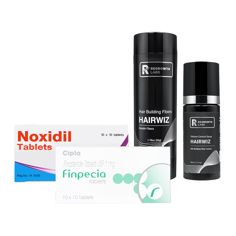 フィンペシア1mg(100錠1箱)＋ノキシジル5mg(100錠1箱)＋リグロースラボ ヘアウィズ ヘアビルディングファイバー・ナチュラルブラック(50g1本)＋ボリュームコントロールスプレー(80mL1本) 【1セット】