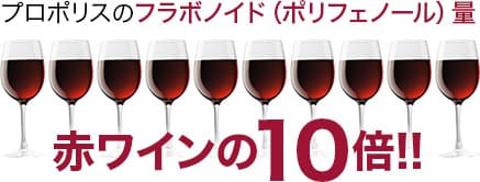 プロポリスのフラボノイド(ポリフェノール量):赤ワインの10倍!!