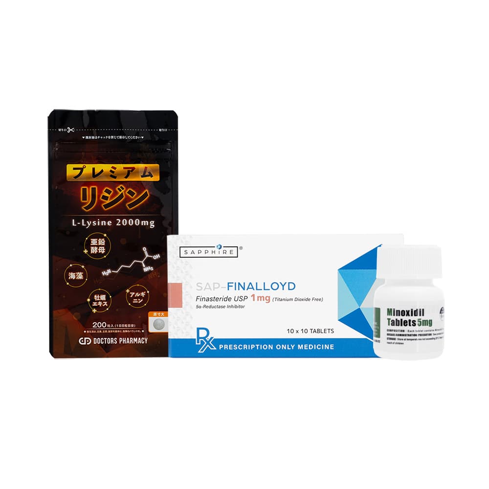 SAP-フィナロイド1mg100錠1箱+ミノキシジル5mg100錠1本+プレミアムリジン200粒1袋 【1セット】