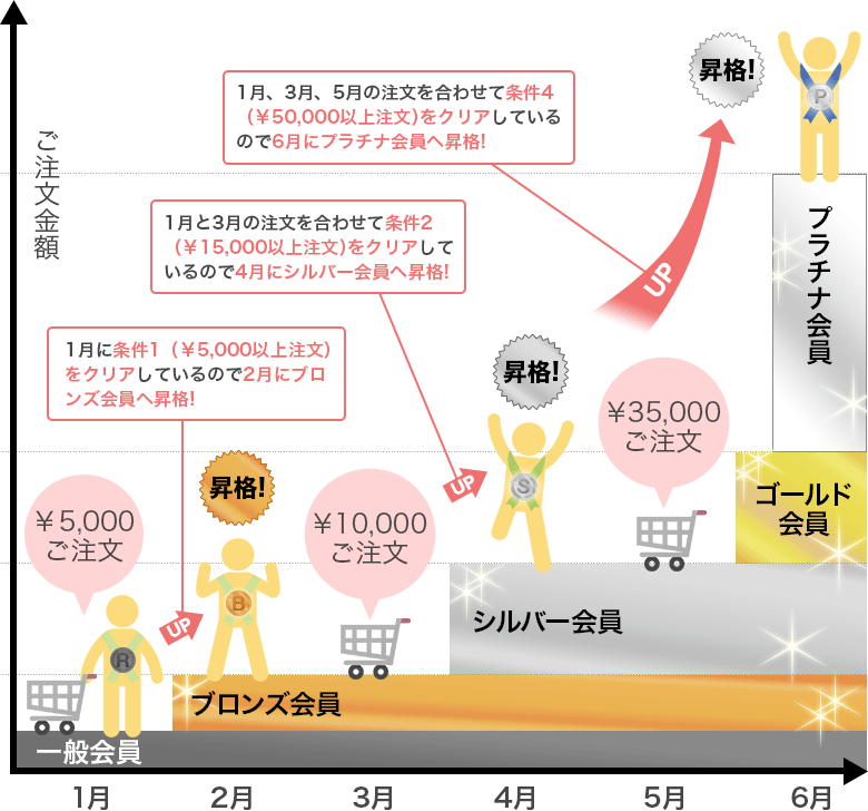 例）1月に一般会員だった方がプラチナ会員に昇格するまでの図